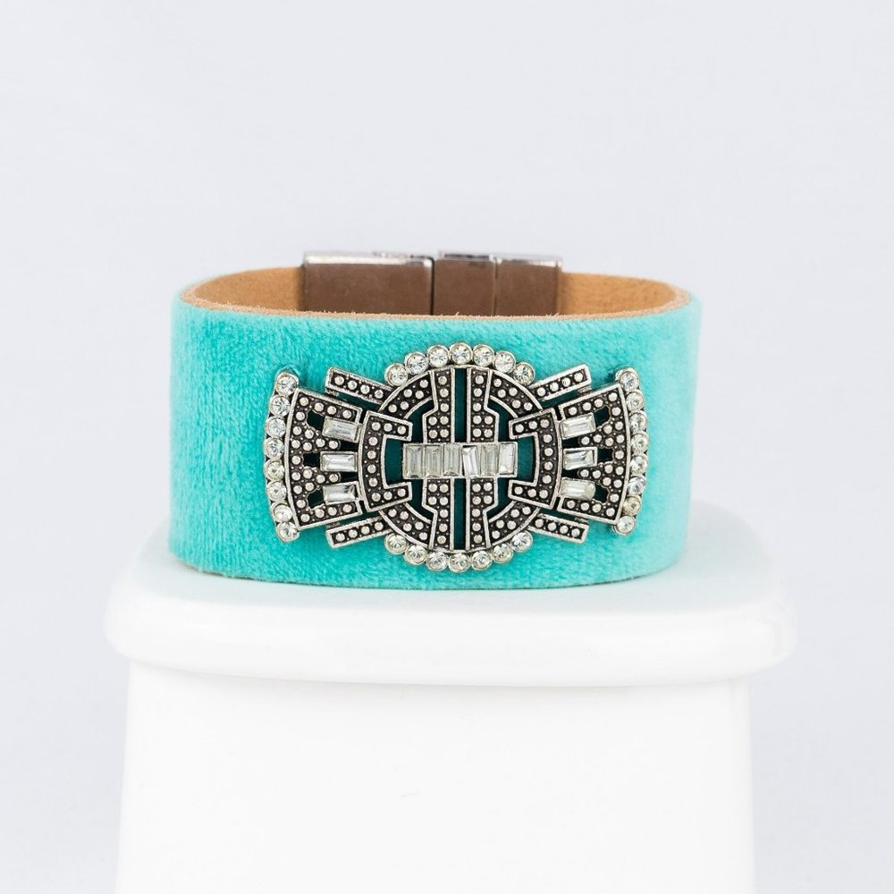 Plunder Turquoise Velvet Cuff Bracelet Magnetic Closure Extender Art Deco Velour